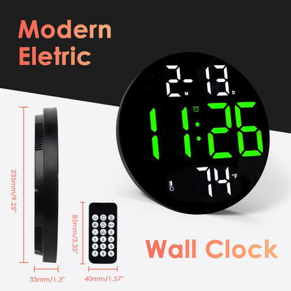 Digital Wall Clock with Large LED Display, 5-Brightness, Temperature, Low-Reflectivity, Small Silent Non-Ticking Modern Electric Wall Clock for Bedroom, Living Room, Office, Classroom, Farmhouse
