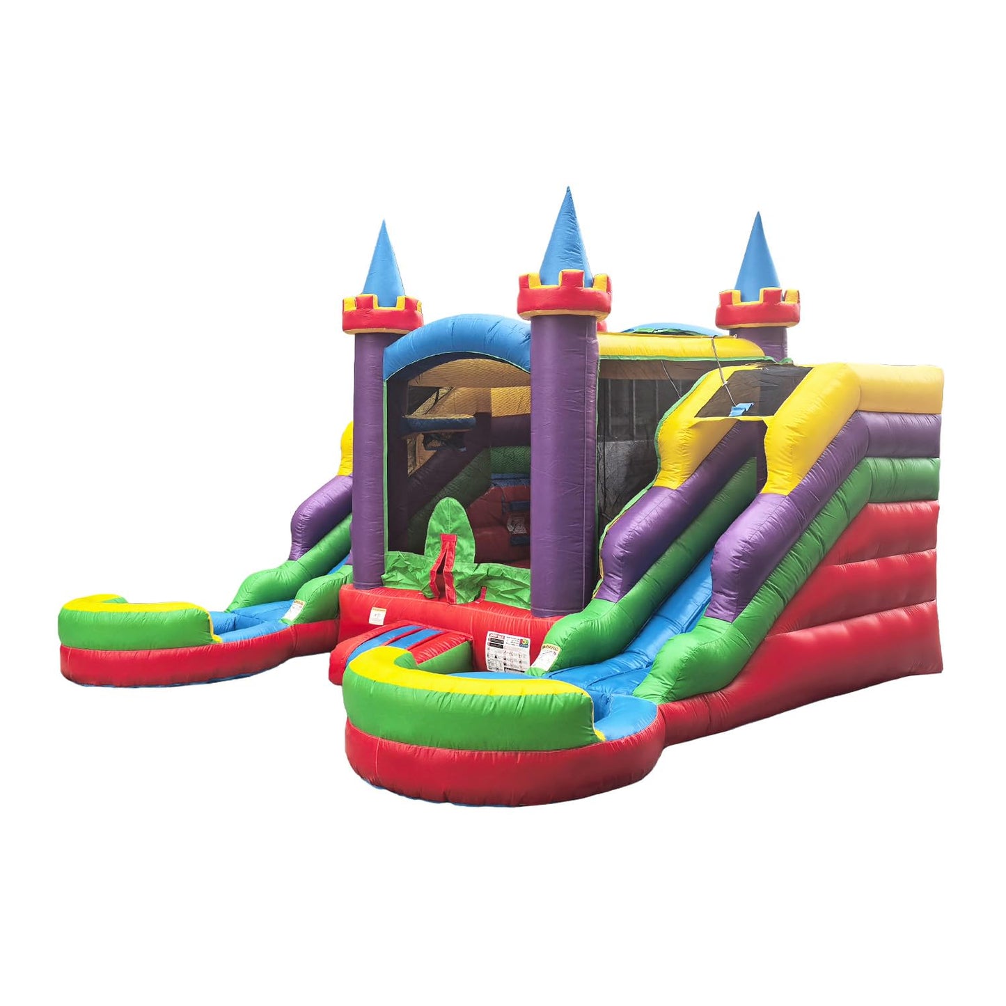 POP JUMP 16'x15'x12' Rainbow Castle Inflatable Bounce House with Dual Water Slide & Pool, 100% PVC Vinyl, Commercial Reinforced, Basketball Hoop, Front Entrance for Easy Supervision, Includes Blower