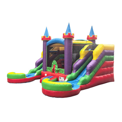 POP JUMP 16'x15'x12' Rainbow Castle Inflatable Bounce House with Dual Water Slide & Pool, 100% PVC Vinyl, Commercial Reinforced, Basketball Hoop, Front Entrance for Easy Supervision, Includes Blower