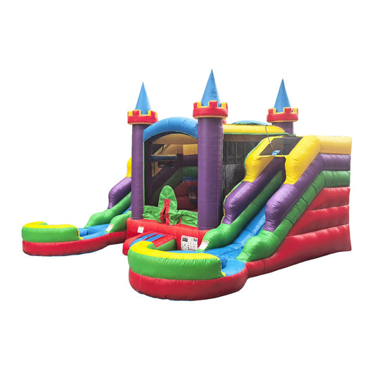 POP JUMP 16'x15'x12' Rainbow Castle Inflatable Bounce House with Dual Water Slide & Pool, 100% PVC Vinyl, Commercial Reinforced, Basketball Hoop, Front Entrance for Easy Supervision, Includes Blower
