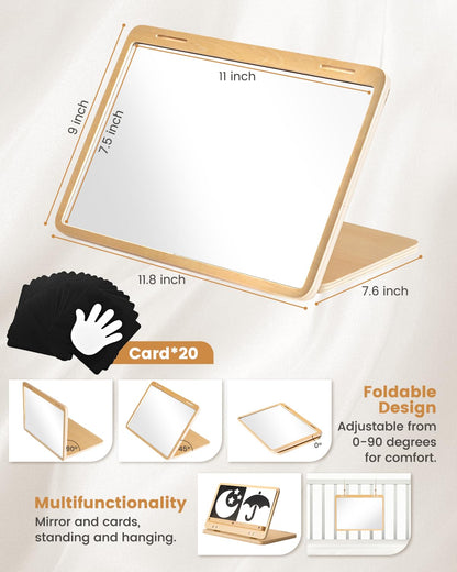 Brezlio Tummy Time Mirror for Baby Montessori Baby Floor Mirror with High Contrast Black and White Cards Infant Safe Mirror Toy for Newborn