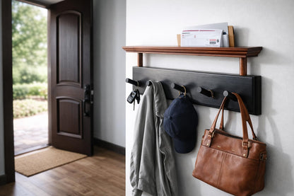 Matías Coat Rack Wall Mount with Shelf, 18 Inch Solid Wood Peg Rail, Wall Mounted Coat Rack with 5 Hooks, Wall Mount Shelf for Entryway, Bathroom or Bedroom (Black and Natural Wood)