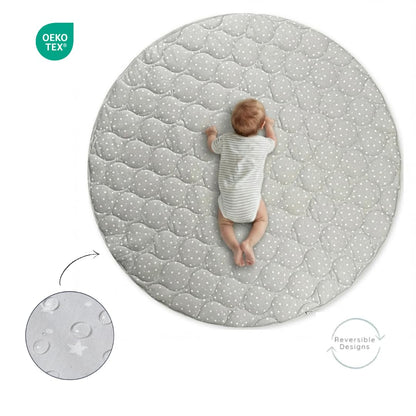 Byrd & Blume Round Baby Play Mat, Reversible Quilted Organic Cotton, Soft Circle Nursery Rug, Non Toxic, Foldable Portable, 40 Inch, Gray Stars/Solid Gray