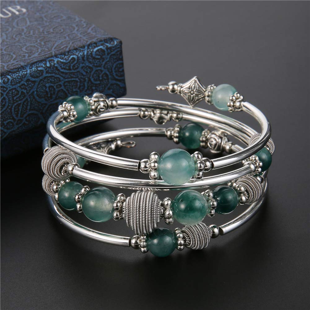 PEARL&CLUB Beaded Chakra Bangle Turquoise Bracelet - Fashion Jewelry Wrap Bracelet with Thick Silver Metal and Mala Beads, Birthday Gifts For Women(Jade Green)
