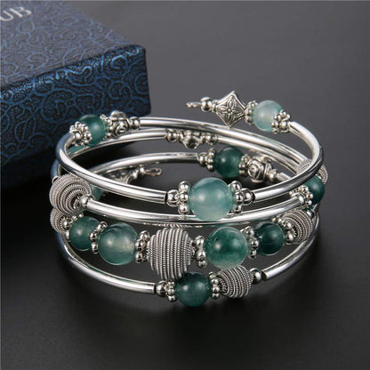 PEARL&CLUB Beaded Chakra Bangle Turquoise Bracelet - Fashion Jewelry Wrap Bracelet with Thick Silver Metal and Mala Beads, Birthday Gifts For Women(Jade Green)