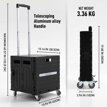 Folding Utility Cart Black Portable Rolling Crate Handcart Foldable Shopping Trolley Collapsible, with Lid, on Wheels, for Grocery, Garden, Office, Storage, Teacher, Tool (Black)
