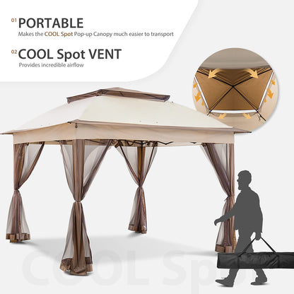 COOS BAY 11x11 Pop Up Gazebo with Mesh Netting, Instant Outdoor Canopy Tent, Water Resistant Shelter with UPF 50+ UV Protection, 121 Sq Ft Coverage, Beige