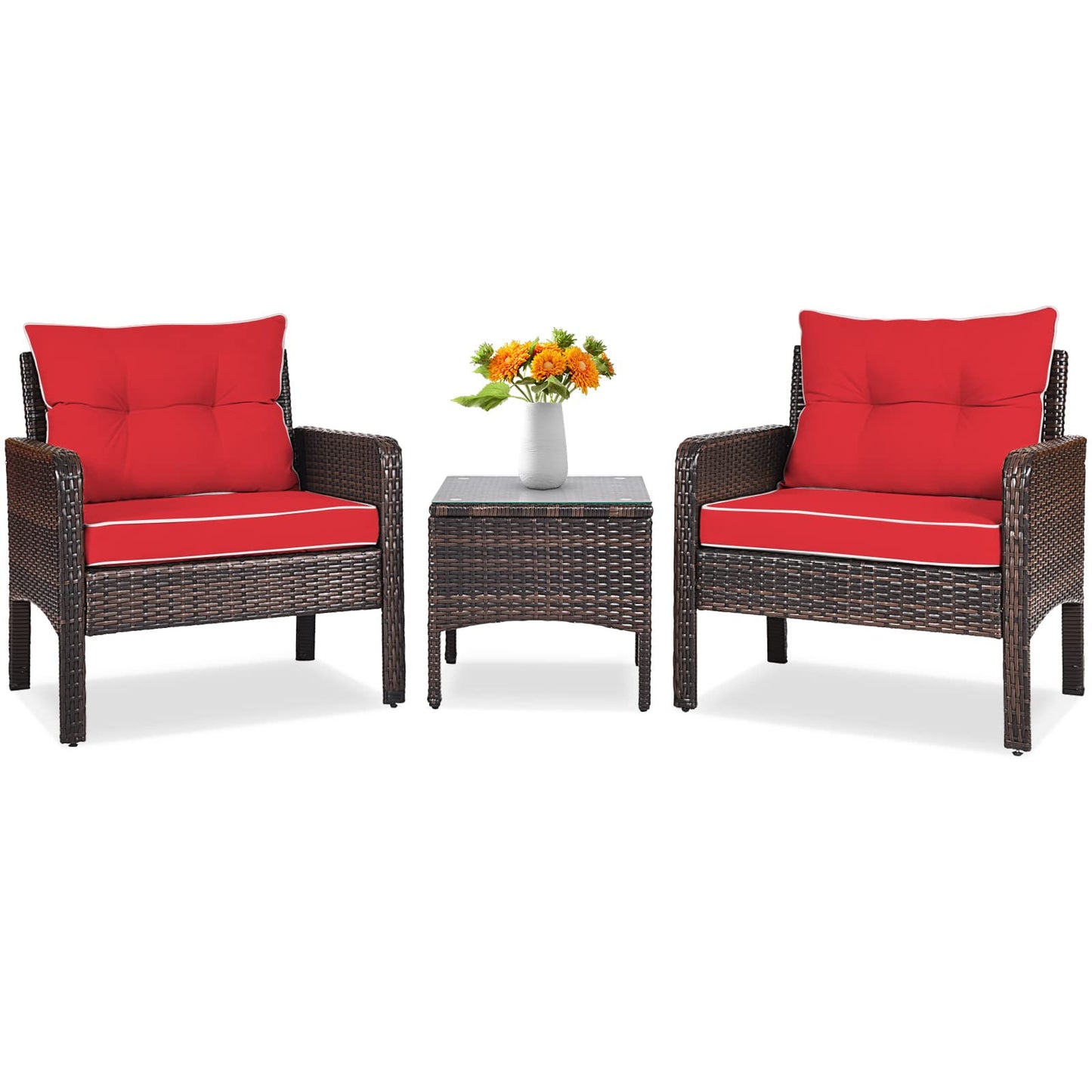 Tangkula 3 Piece Outdoor Patio Furniture Set, Wicker Chairs Set with Glass Top Coffee Table, Thick Cushions, All Weather Garden Lawn Poolside Backyard Porch Furniture Set for 2 (Red)