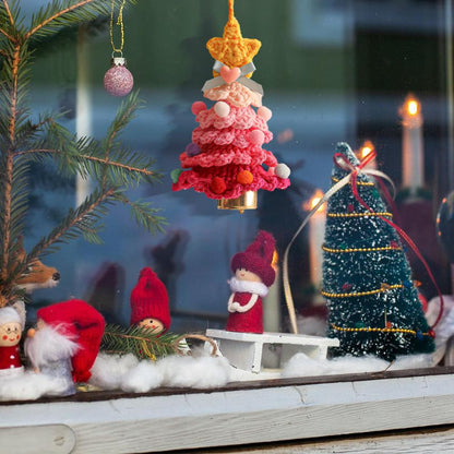 Crochet Christmas Tree Ornament, Knitting Handmade Xmas Tree Pendant with Bell for Holiday Hanging in Door, Car, Window