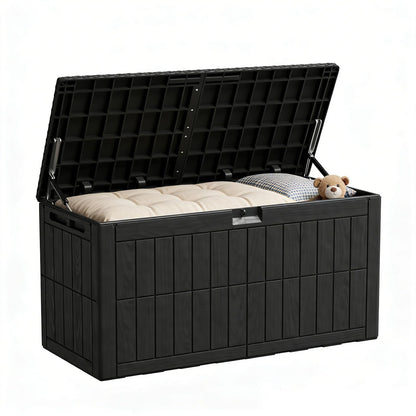 ZOMEYLPO 100 Gallon Outdoor Storage Box, Waterproof Lockable Resin Deck Box with Seat, Patio Furniture Cushion Storage, Garden Tool Organizer & Pool Toy Box, Black