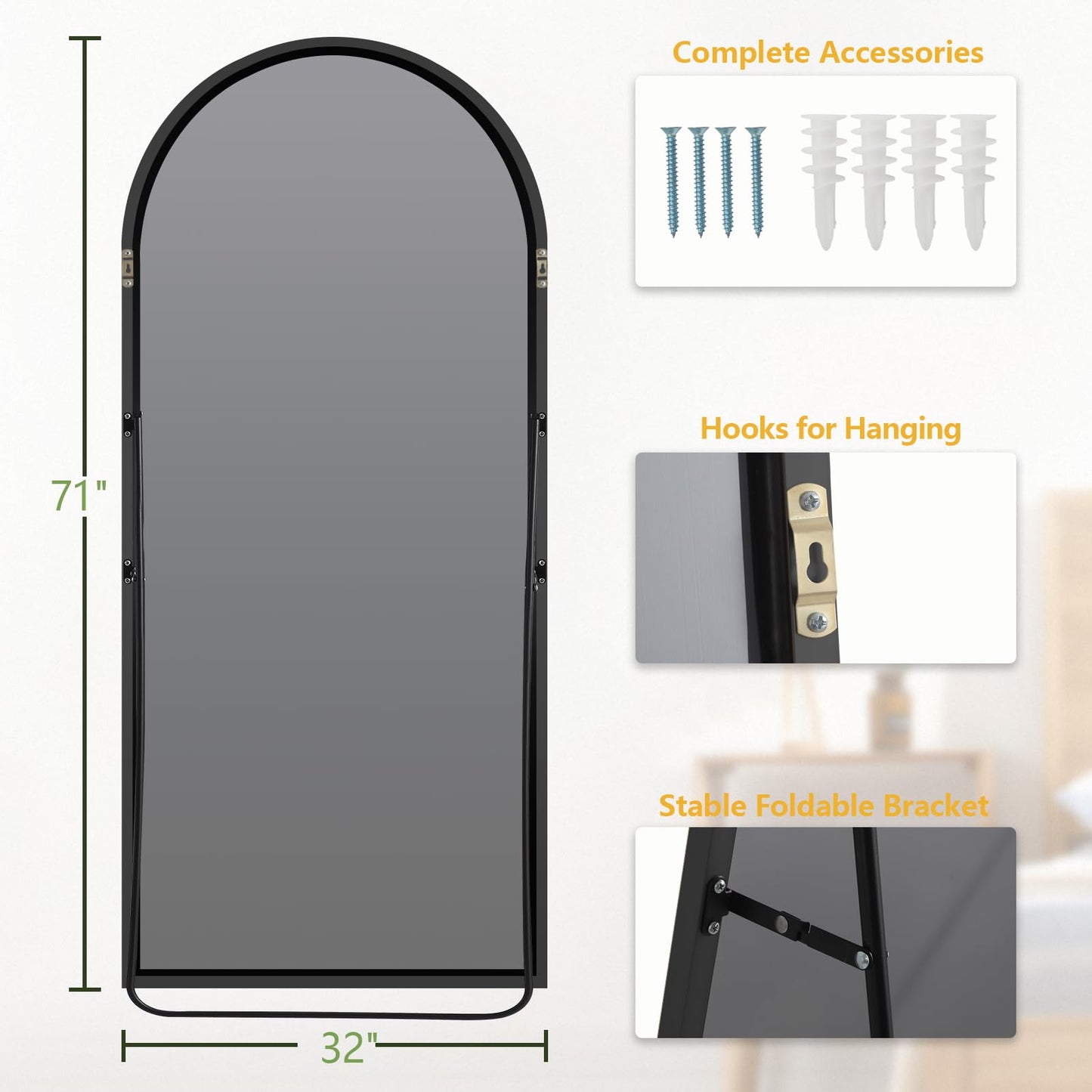 MELOMOIR 71"x32" Large Mirror Full Length, Arched Full Length Mirror with Stand, Large Floor Mirror for Bedroom Living Room Cloakroom Gym, Hanging Standing or Leaning, Black