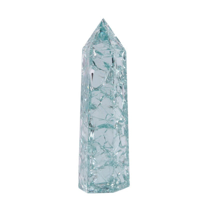 Synthetic Crackle Aqua Glass Crystal Hexagonal Pointed Tower Reiki Chakra Faceted Prism Wand Stone Home Decor