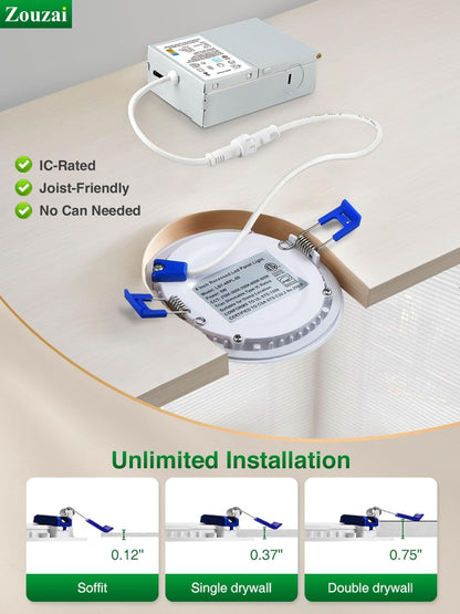 zouzai 20 Pack 6 Inch Ultra-Thin LED Recessed Ceiling Light with Junction Box 6000K Cool White Adjustable Dimmable Can-Killer Downlight - ETL and Energy Star Certified