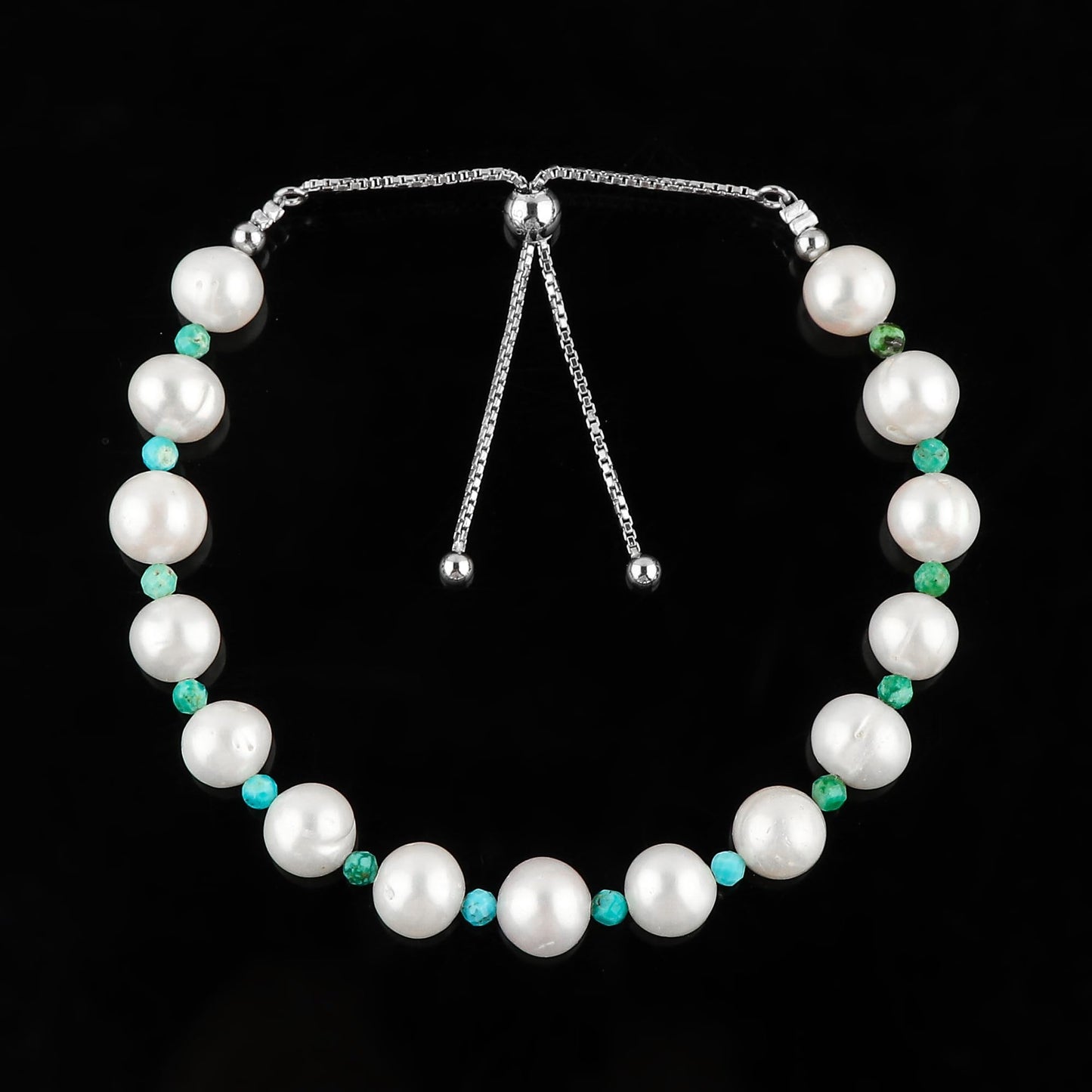 CRYSTALIS Natural Turquoise And Freshwater Pearl Beaded Bracelet, Elegant Beads Crystal, Chakra Bracelet, Healing Bracelet, Gemstone Jewelry, Friendship Bracelet, 925 Sterling Silver Slider 10 inch