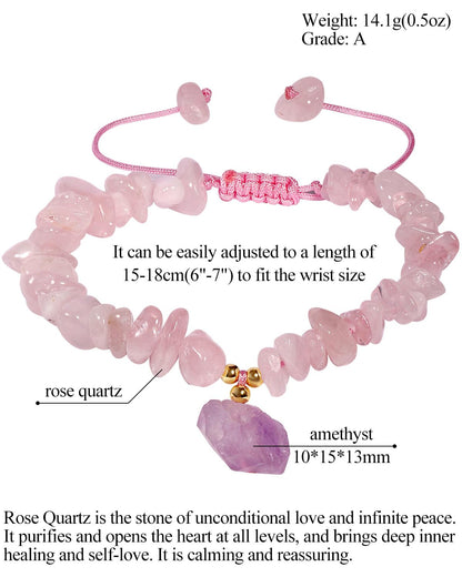 Jewever Chip Reiki Raw Amethyst Rose Quartz Crystal Bracelet for Women Chakra Tumbled Healing Crystals and Gemstones Yoga Meditation Stone Bracelets Adjustable (Rose Quartz)