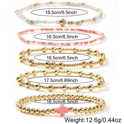 Cross Gold Beaded Bracelet Stack for Women,Dainty Bohemian Stretch Pink Seed Beads Stackable Bracelets Set Fashion Party Holiday Birthday Accessories Jewelry Gift Friendship