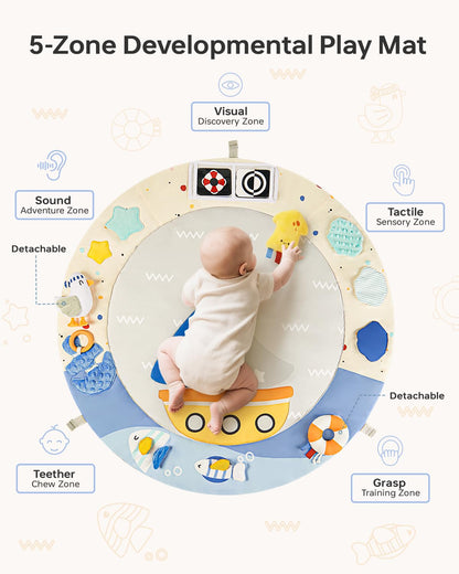 BG-BABYGO Baby Play Gym Activity Mat, 5 Developmental Zones Wooden Tummy Time Mat with 7 Detachable Sensory Toys for Motor Skills & Sensory Development, Baby Essentials Shower Gift, Easy to Install