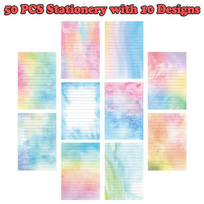 AUSTARK 160 Pieces Stationery Set (50 Pieces Lined Stationery Paper 8.25 x 5.5 Inch, 50 Pieces Envelopes, 60 Sealed Stickers) for Letter Writing (Watercolor)