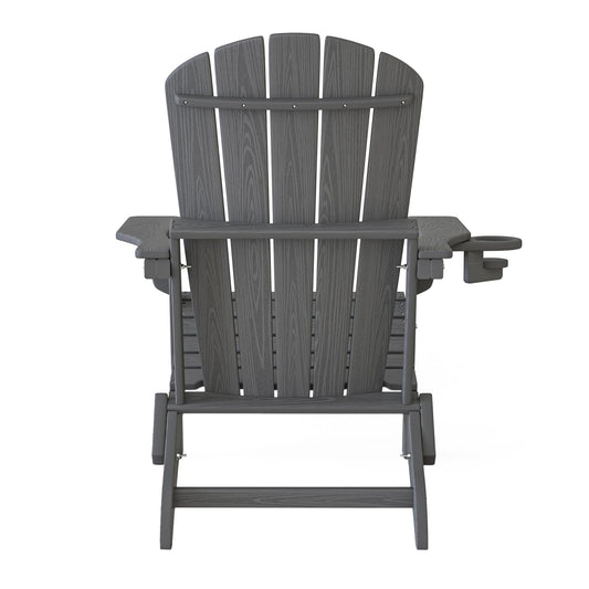 Plawdlik Folding Adirondack Chair, SGS Tested, Wooden Textured with Cup Holder, Heavy All-Weather HDPE Comfortable Set Poolside Backyard Lawn Grey