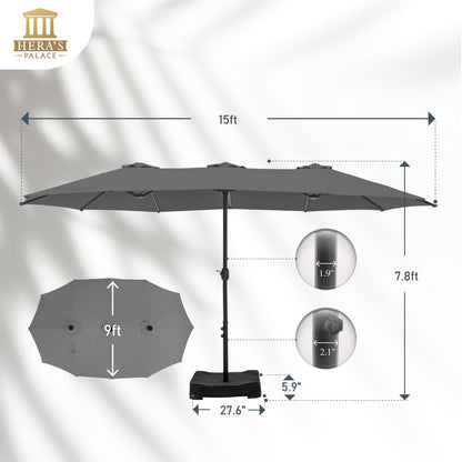 HERA'S PALACE Umbrella Patio Outdoor with Base 15ft Rectangle Table Double Market Heavy Duty Umbrellas Clearance Large Included Stand for Deck Outside Pool Picnic Inground Yard Commercial, Gray