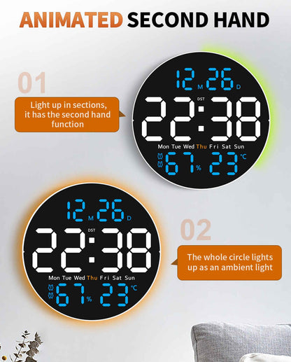 GLOKUUCA 10 Inch Large Digital Wall Clock with 9 Color Changing Remote Control, Date Week Temperature, Auto Brightness Dimmer Big Clock with Night Lights,Blue