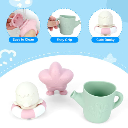MCGMITT Baby Bath Toys for Kids Ages 1-3, 12 PCS Silicone Mold Free Bathtub Toys for 6-12 Months, Soft Stacking Cups & No Hole Duck & Floating Boats, Beach Sand Water Table Pool Toys for Toddlers