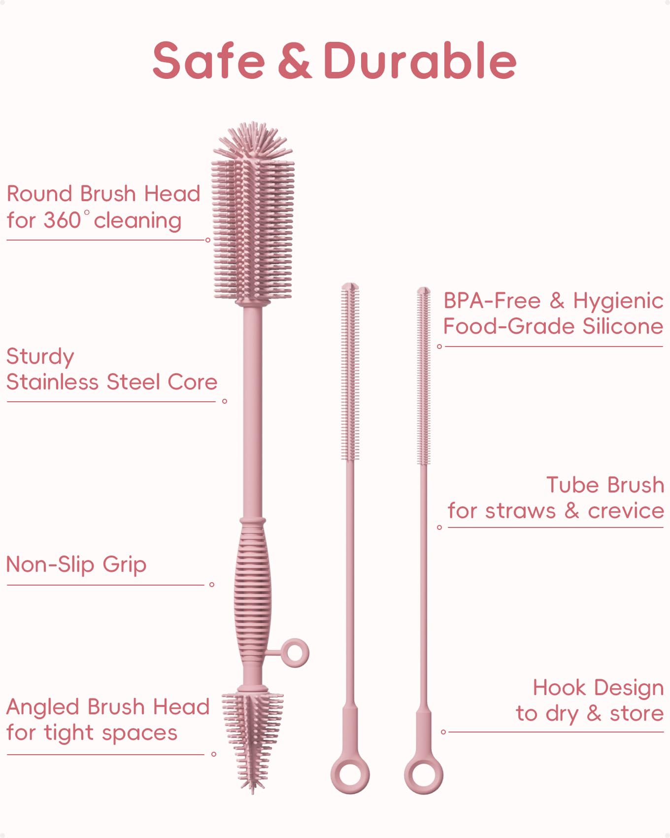 Silicone Cleaning Brush Kit,Water Bottle and Straw Cleaner Brush Set for Tumbler,Baby Bottle,Breast Pump Part,Nipple,Sippy Cup,Glass,Dishwasher Safe,BPA Free,3 Pcs