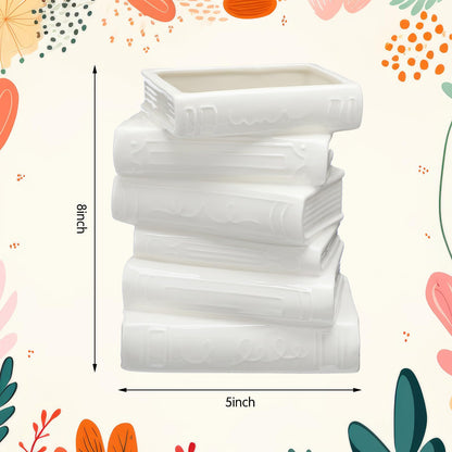 Solsew Ceramic Book Shaped Vase for Flowers 7" x 5.9" x 4.1" Small Ceramic Book-Shaped Vase Cute Bookshelf Decor Flowerpot for Book Lovers Gift Home Office Bookshelf Dining Table Decor(White)