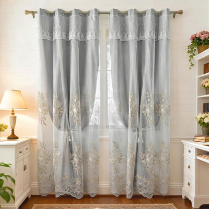 Amidoudou 1 Pair European Double Layer Curtains Luxury Flower Embroidered Curtains for Living Room Bedroom (Grey,52x90 Inch)