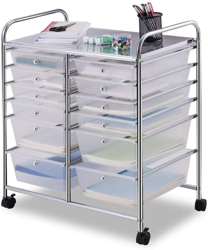Moccha 12-Drawer Rolling Storage Cart - Under Desk Storage Drawers with wheels for Craft Art Supply Paper Salon, Scrapbook Paper Tools, Mobile Utility Cart for Classroom, Clear