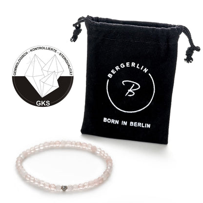 BERGERLIN Genuine rose quartz bracelet with 925 Sterling silver - real rose quartz bracelet with 4mm pearls, faceted - Size XS