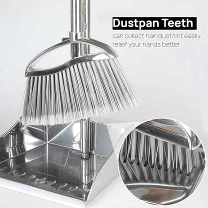 GLOYY Outdoor Broom and Dustpan Comb Set,Heavy Duty Stainless Steel Metal Dust Pan with Long Handle Commercial Stiff Bristles Broom for Home Garage Garden Patio