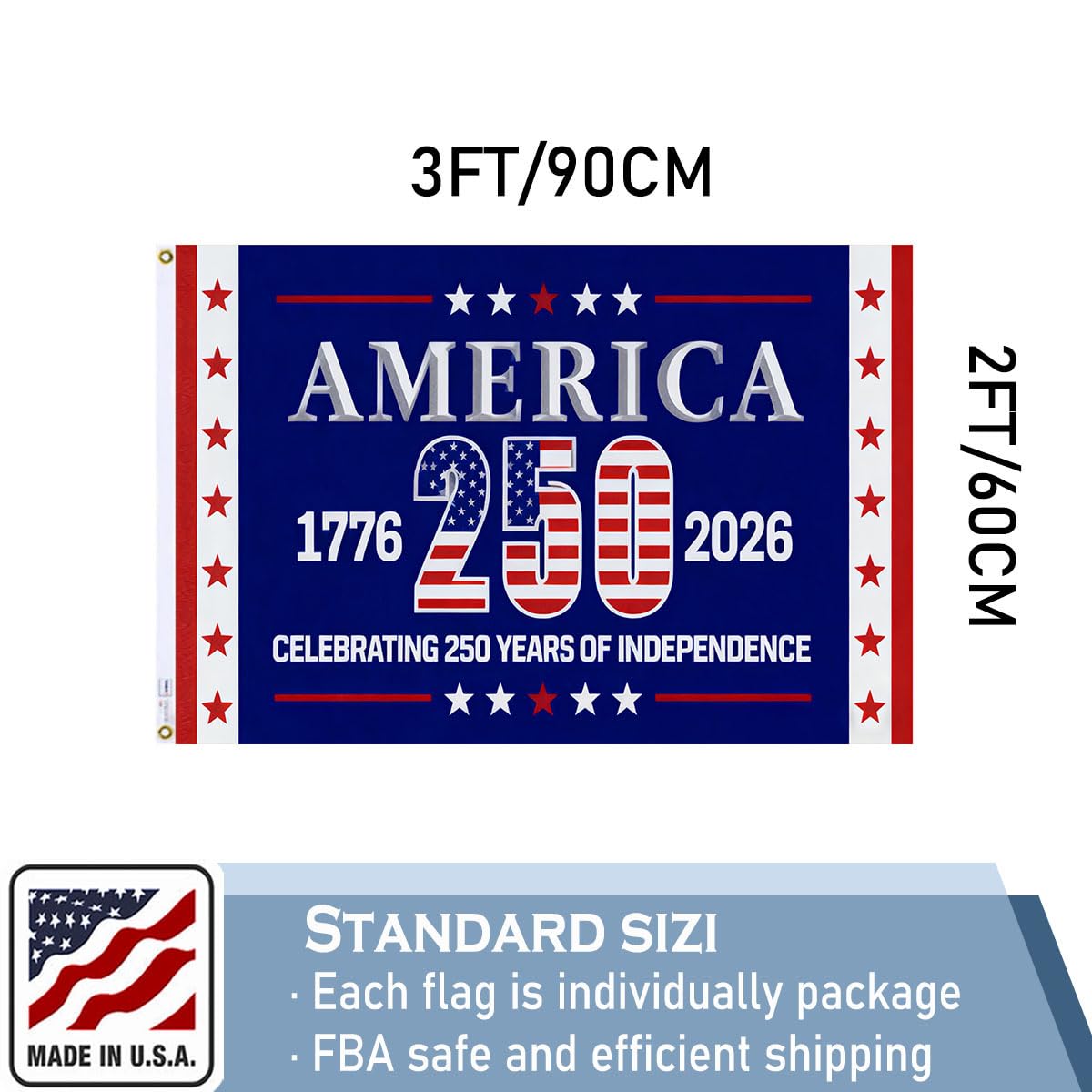 KEYCA 250th Anniversary Flag 2x3 FT Made in The USA Heavy Duty Vibrant Colors Double Sided Blue 1776-2026 250th Birthday Flag with 2 Brass Grommets Independence Celebration Suitable for Indoor and Outdoor Use
