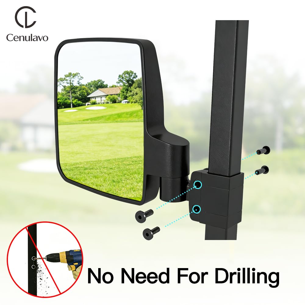 Cenulavo Golf Cart Mirrors, No Drilling Side Rear View Mirrors for Club Car EZGO Yamaha, Clamp On Foldable Wide Angle Anti-Vibration, Fits 0.75" 1" 1.25" Square Tube