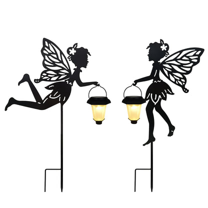 Solar Fairy Garden Stake Decorative Lantern, 2 Pack Metal Fairy Angel Garden Silhouette Lights for Lawn, Pathway, Patio, Yard Outdoor Decor
