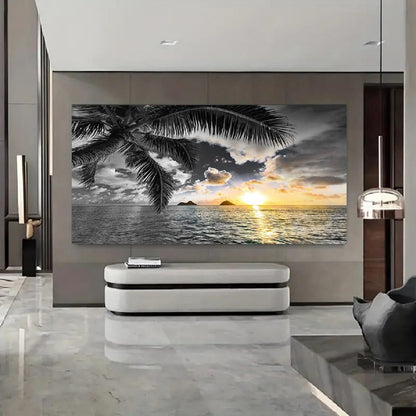 Bamdeya Wall Decor Living Room Black and White Beach Wall Art Sunset Seascape Pictures Palm Canvas Prints Art Wall Decor Bedroom Ocean Poster Painting for Home Office Decoration Scenery Artwork