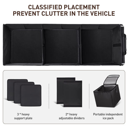 HIRALIY 4 in 1 Car Trunk Storage Organizer with Leakproof Cooler Bag, Multi-Compartment Foldable Trunk Storage Box for Car Truck SUV Black