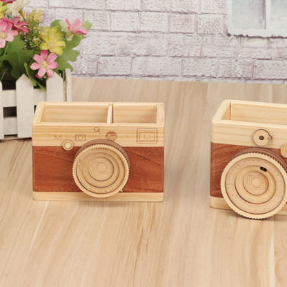Leadigol Camera Wooden Pencil Holder,Desktop Pencil Holder Gift Makeup Organizer Double-layer Crafts Creative Camera Multi Purpose Use Desk Accessories