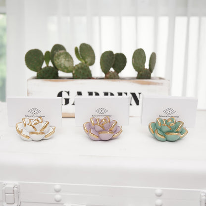 wowhalolo Resin Succulent Business Card Holder Set of 3 - White, Pink, Green - Modern Desk Organizer and Display Stand for Office, Store - Vertical Name Card Holders - Unique Gift and Decor