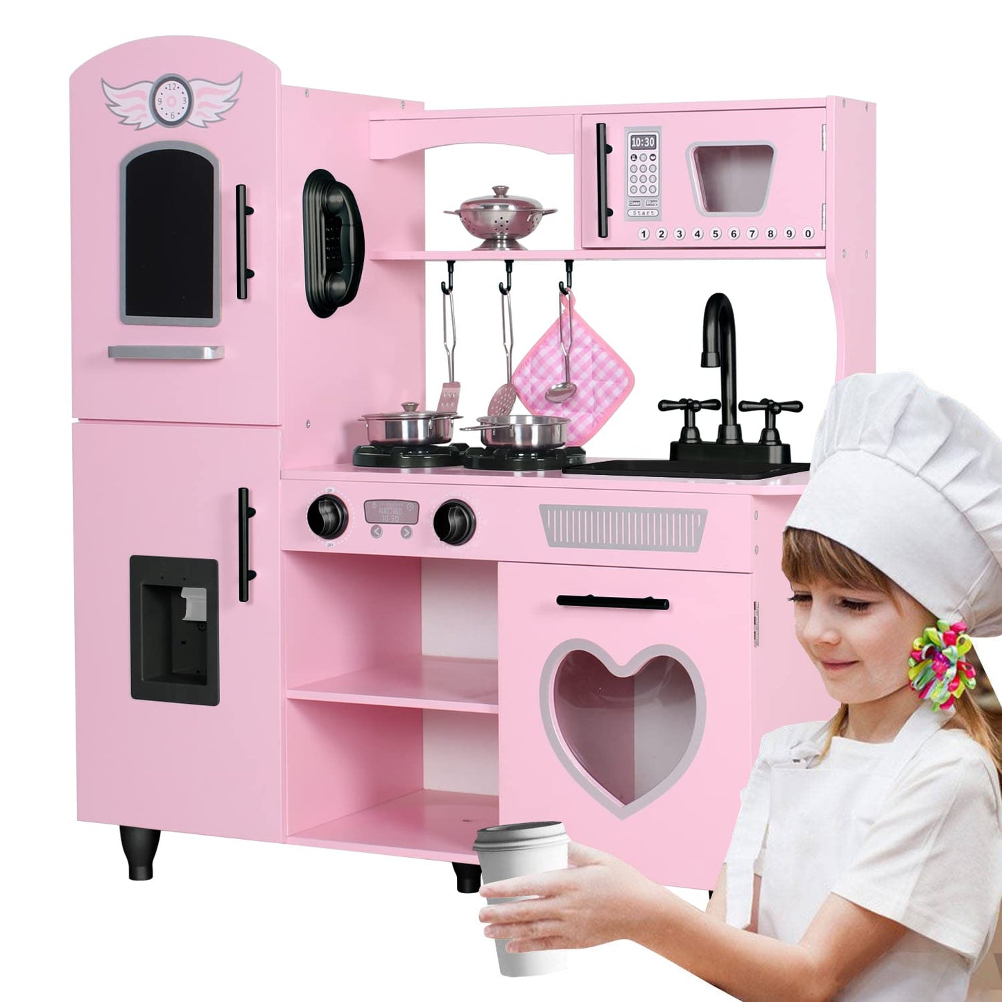TaoHFE Play Kitchen, Pink Kids Kitchen Set for Girls Kitchen Set for Kids Ages 6-8 Gift Toddler Kitchen Set for Kid Age 3+ Kitchen Playset with Lights & Sounds Wooden Toy Kitchen Playset Gift