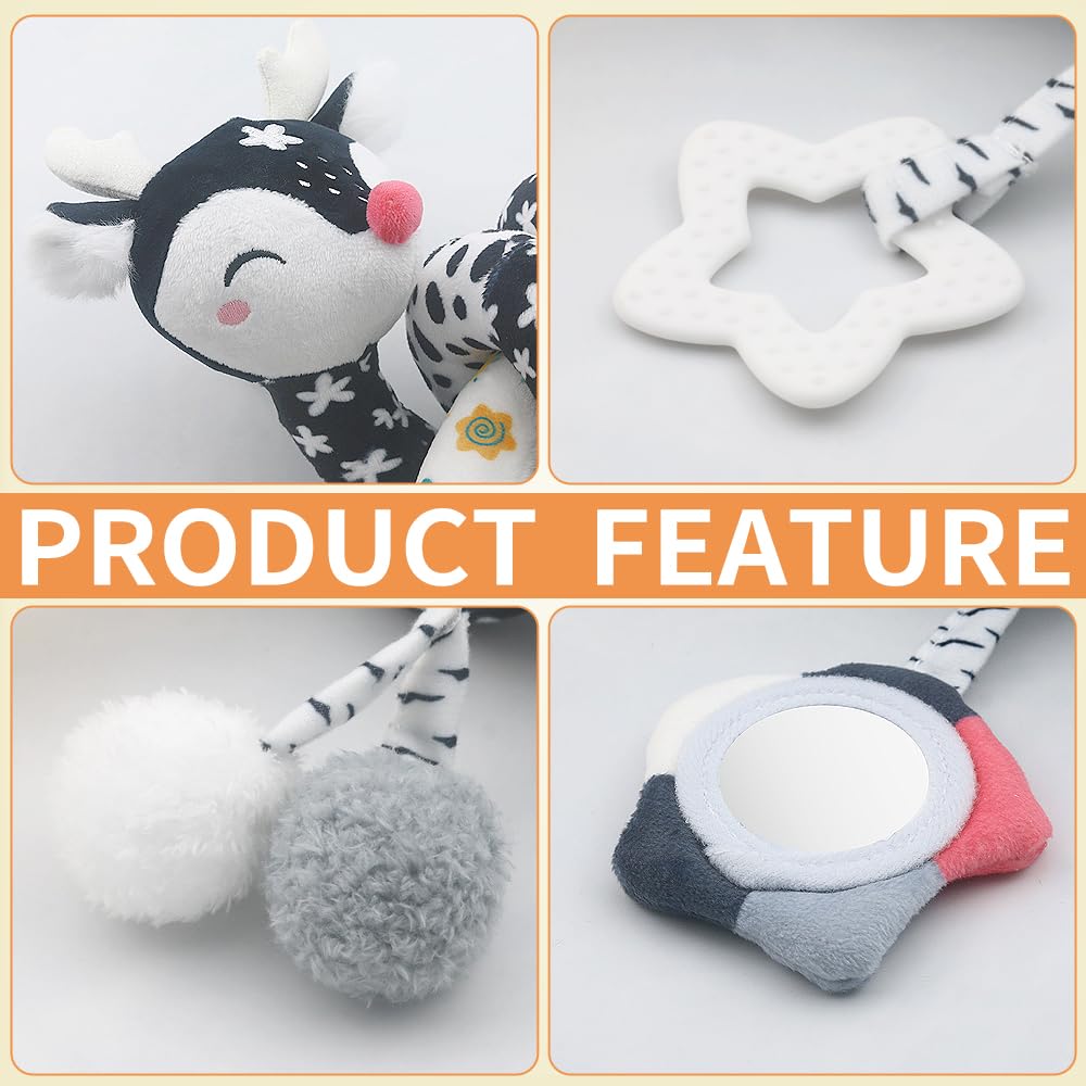 Caterbee Baby Bjorn Bounce Arch Toy bar, Black and White with Stretch & Spiral Hanging Activity Set, Adjustable Clamp for Strollers, Cribs & Car Seats, Includes Rattles, Squeaker & Teether (01)