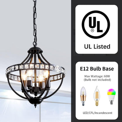Lanpesting Crystal Chandelier Light Fixtures, 4-Lights Farmhouse Rustic Vintage Black Pendant Hanging Lighting Ceiling Chandeliers for Kitchen Island Dining Room Living Room Bedroom Foyer Hallway