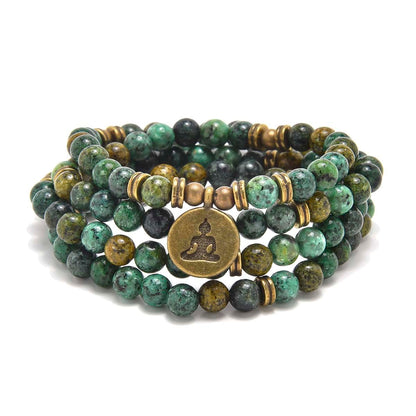 oasymala 108 Mala Beads Bracelet Necklace with Yoga Symbol Buddha Charm – Gold-Plated Meditation Jewelry, Healing Stone, Ideal Spiritual Gift for Yoga & Meditation (African Turquoise)