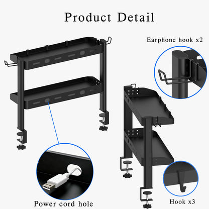 Clamp on Desk Shelf, 17in 2-Tier Office Desk Shelves Organizer, Small Shelf for Top of Desk with Headphone Holder and Hooks, Desktop Storage Rack for Home Workspace, Study Rooms, Gaming Accessories