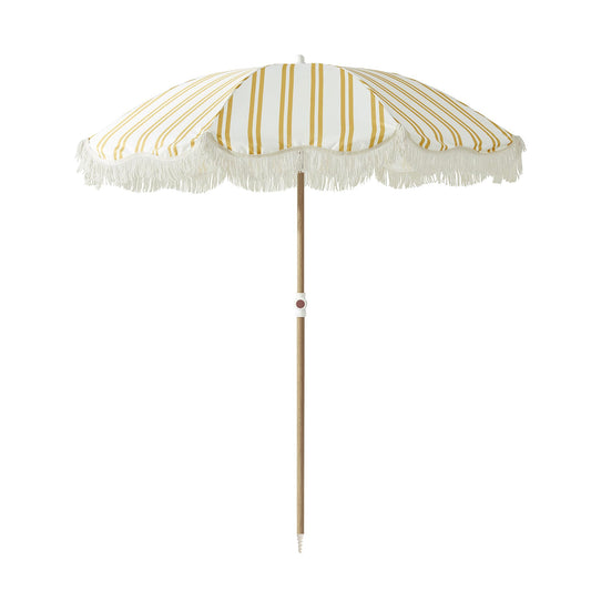 DEER LAND 6FT Stripe Fringe Beach Umbrella for Sand with Sand Anchor, UPF 50+ Sun Shade with Tassels, Adjustable Tilt Pole, Portable Coastal Umbrella for Beach & Pool, Heritage Mimosa Stripe