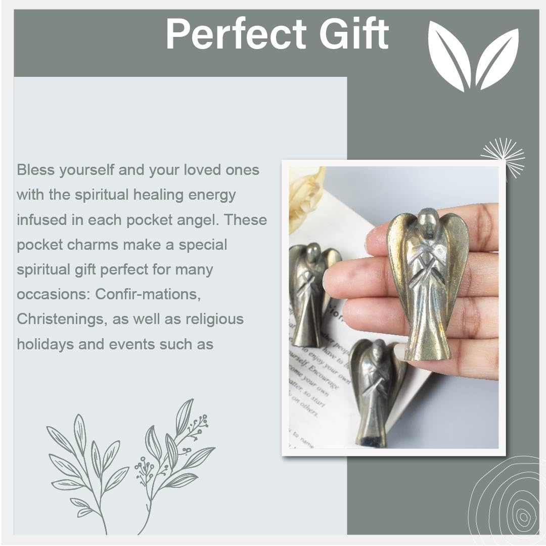 Golden Pyrite Gemstone Guardian Angel Healing Crystal, Hand Carved Pocket Angel Figurine-Crystals for Positive Energy, Handmade Mini Statue for Love, Peace & Healing, Natural Gemstone Healing Figurine