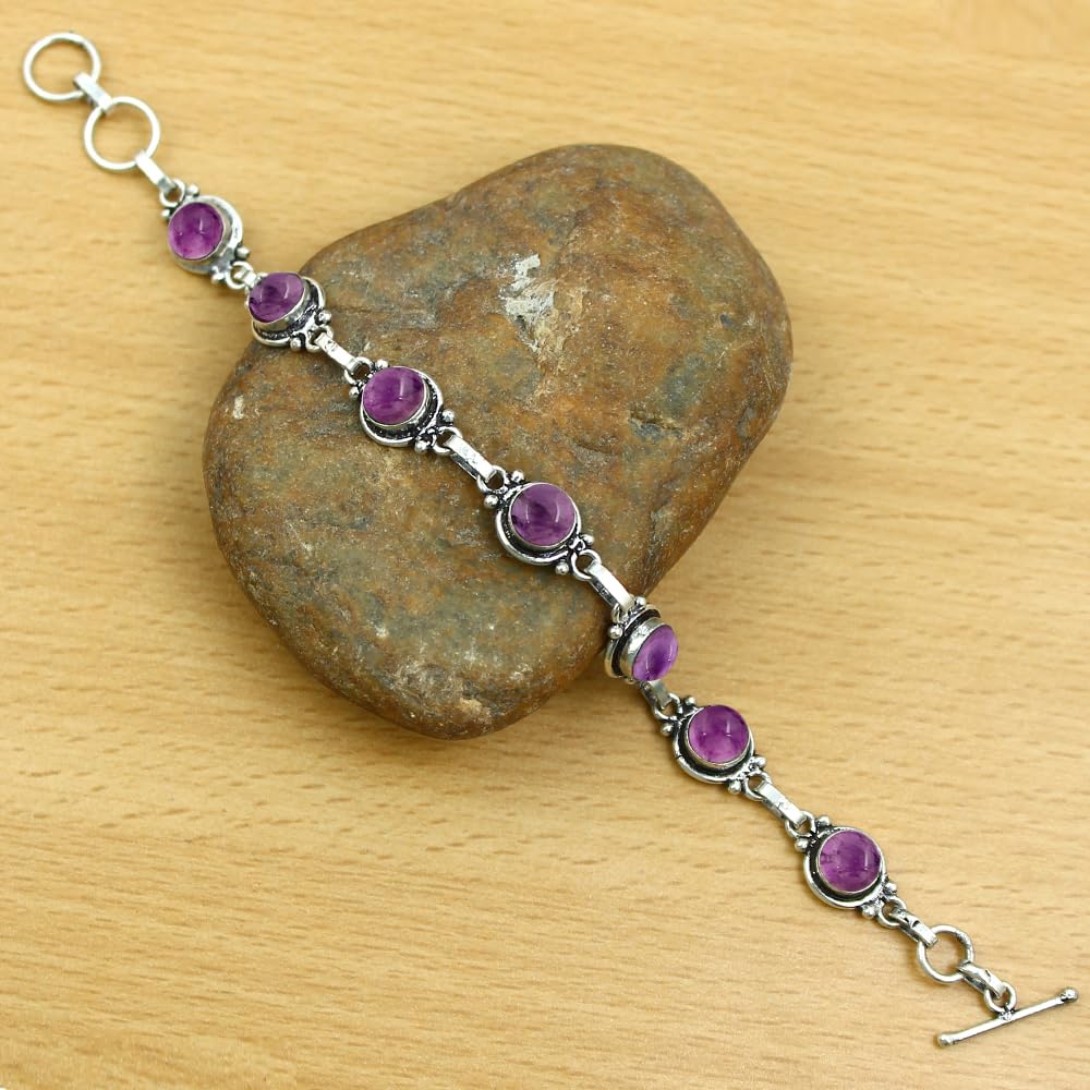 Natural Amethyst 925 Silver Plated Round Gemstone Adjustable Bracelet for Women - February Birthstone Bohemian Vintage Style Handmade Jewelry Bracelet - Gift for Her