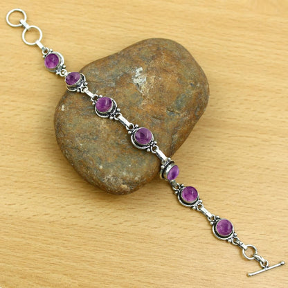 Natural Amethyst 925 Silver Plated Round Gemstone Adjustable Bracelet for Women - February Birthstone Bohemian Vintage Style Handmade Jewelry Bracelet - Gift for Her