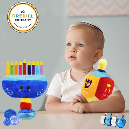 Plush Hanukkah Menorah & Plush Dreidel Toy Musical Menorah Plays 2 Classic Hanukkah Melodies Includes Removable Chanukah Candles & Candle Bag with Rattle Dreidel