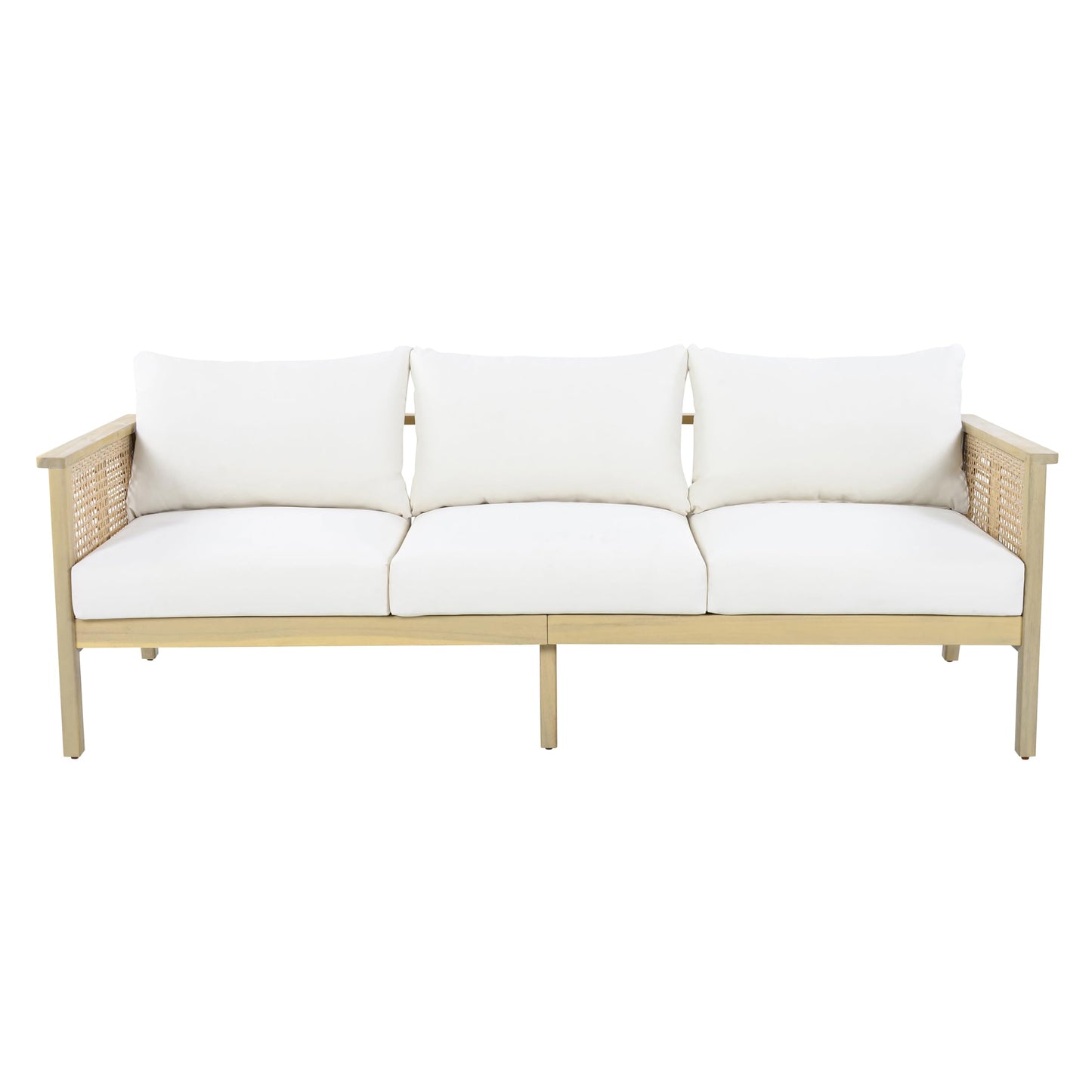 Christopher Knight Home Teras 8-Seater Patio Furniture Set with Removable Cushion, 5 Piece Outdoor Acacia Wood Conversation Set, Sold Wood Outdoor Sectional Sofa Set with Coffee Table,Light Teak+Cream